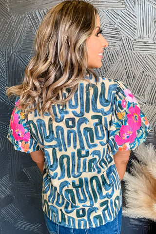 floral embroidered puff sleeve blouse sky blue stripe