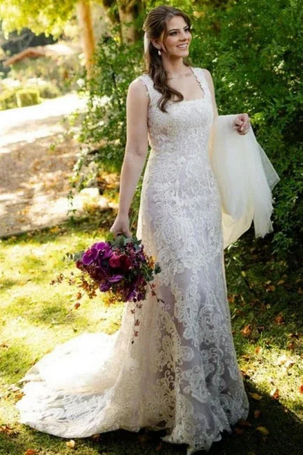 Precioso vestido de novia largo sin mangas con apliques, escote cuadrado y corte en A de encaje