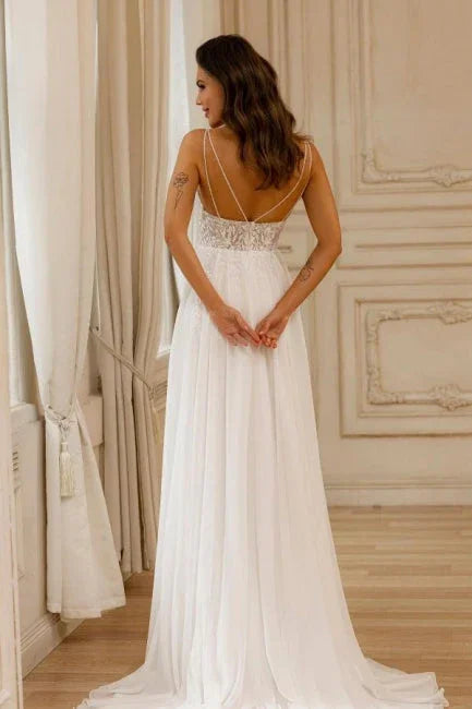 Wunderschönes A-Linien-Brautkleid aus Spitze mit V-Ausschnitt, ärmellos, mit Applikationen