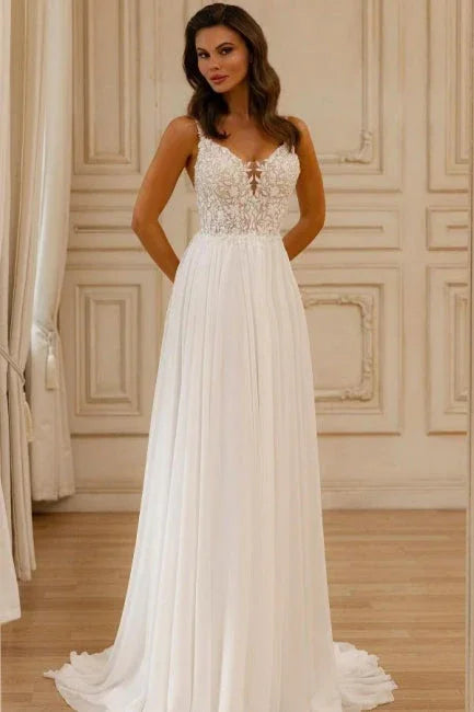 Wunderschönes A-Linien-Brautkleid aus Spitze mit V-Ausschnitt, ärmellos, mit Applikationen
