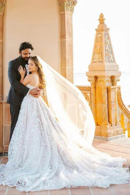 Hermosos vestidos de novia largos sin mangas línea A con encaje