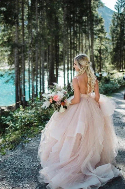 Beautiful A-line V-neck Backless Tulle Sleeveless Wedding Dresses