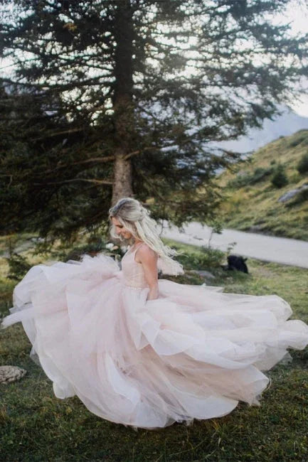 Beautiful A-line V-neck Backless Tulle Sleeveless Wedding Dresses