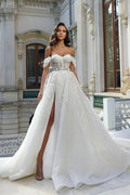 Beautiful Long White A-line Off-the-shoulder Lace Flowers Wedding Dress With Slit