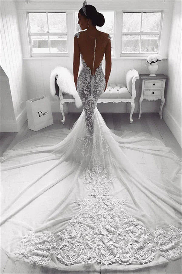 Wunderschönes Brautkleid im Meerjungfrauenstil mit Trägern, transparentem Tüll, ärmellos, mit Applikationen