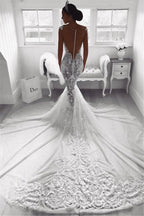 Wunderschönes Brautkleid im Meerjungfrauenstil mit Trägern, transparentem Tüll, ärmellos, mit Applikationen