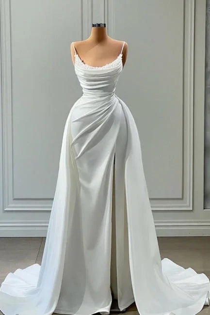 Wunderschöne lange A-Linien-Hochzeitskleider mit Spaghettiträgern und Perlen