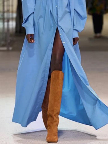 Lange Ärmel, lockeres, gerüschtes, schulterfreies Maxikleid mit Schlitz 