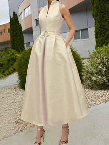 Vestidos midi de corte A, holgados, con cinturón, plisados, bolsillos, color liso, cuello en V 