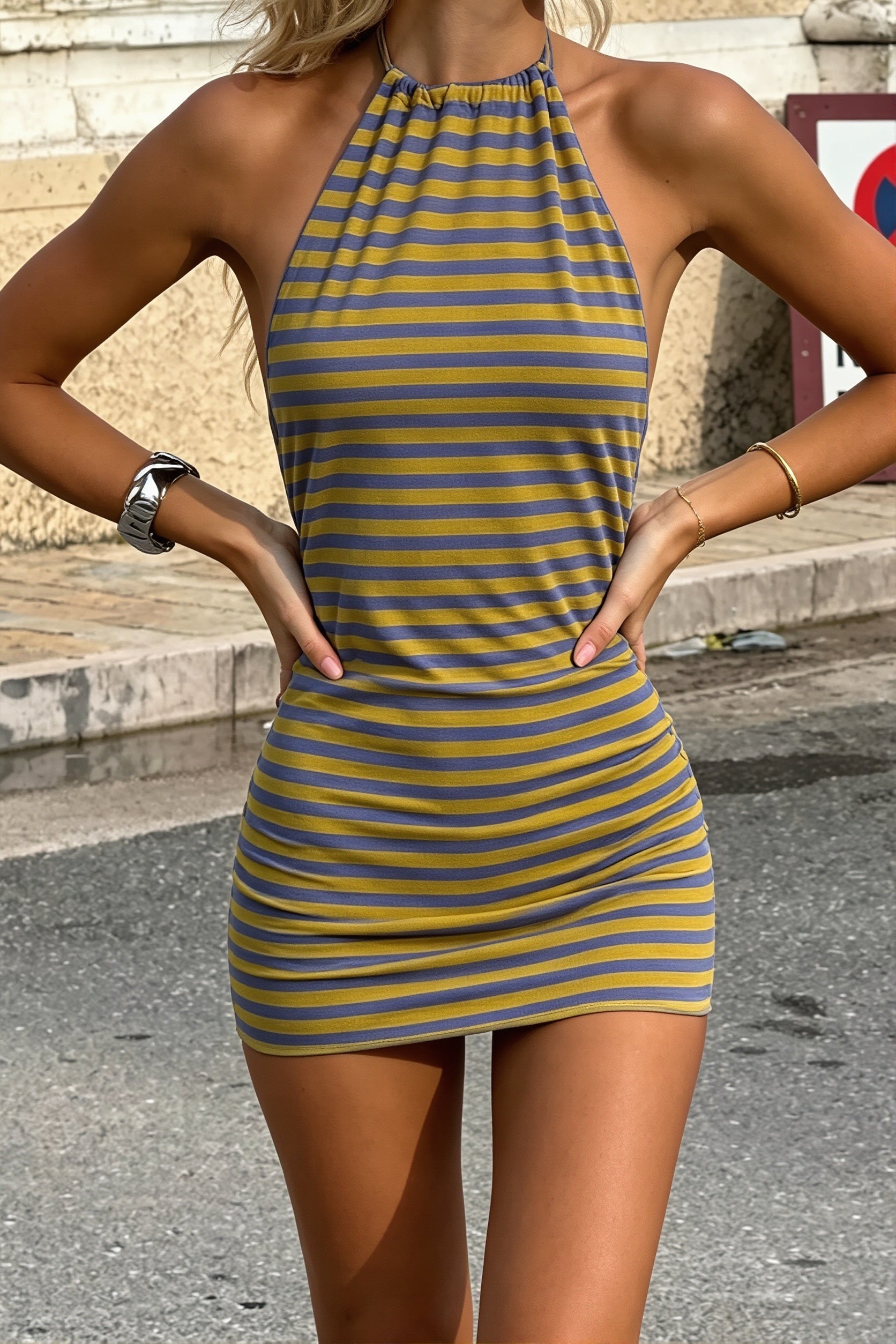 Striped Halter Backless Bodycon Mini Dress