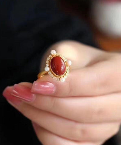 Anillos vintage de ágata dorada en plata de ley roja 
