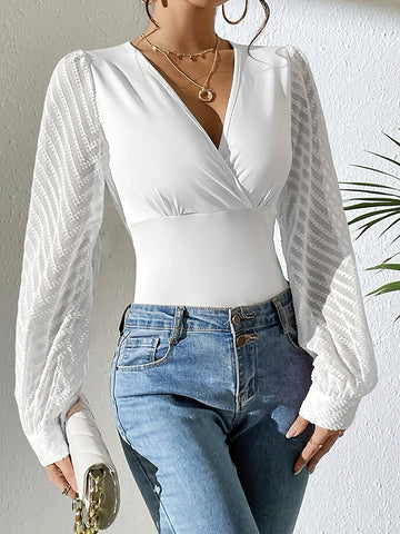 Long Sleeves Hollow Pleated Solid Color Split-Joint Deep V-Neck Blouses&shirts Tops