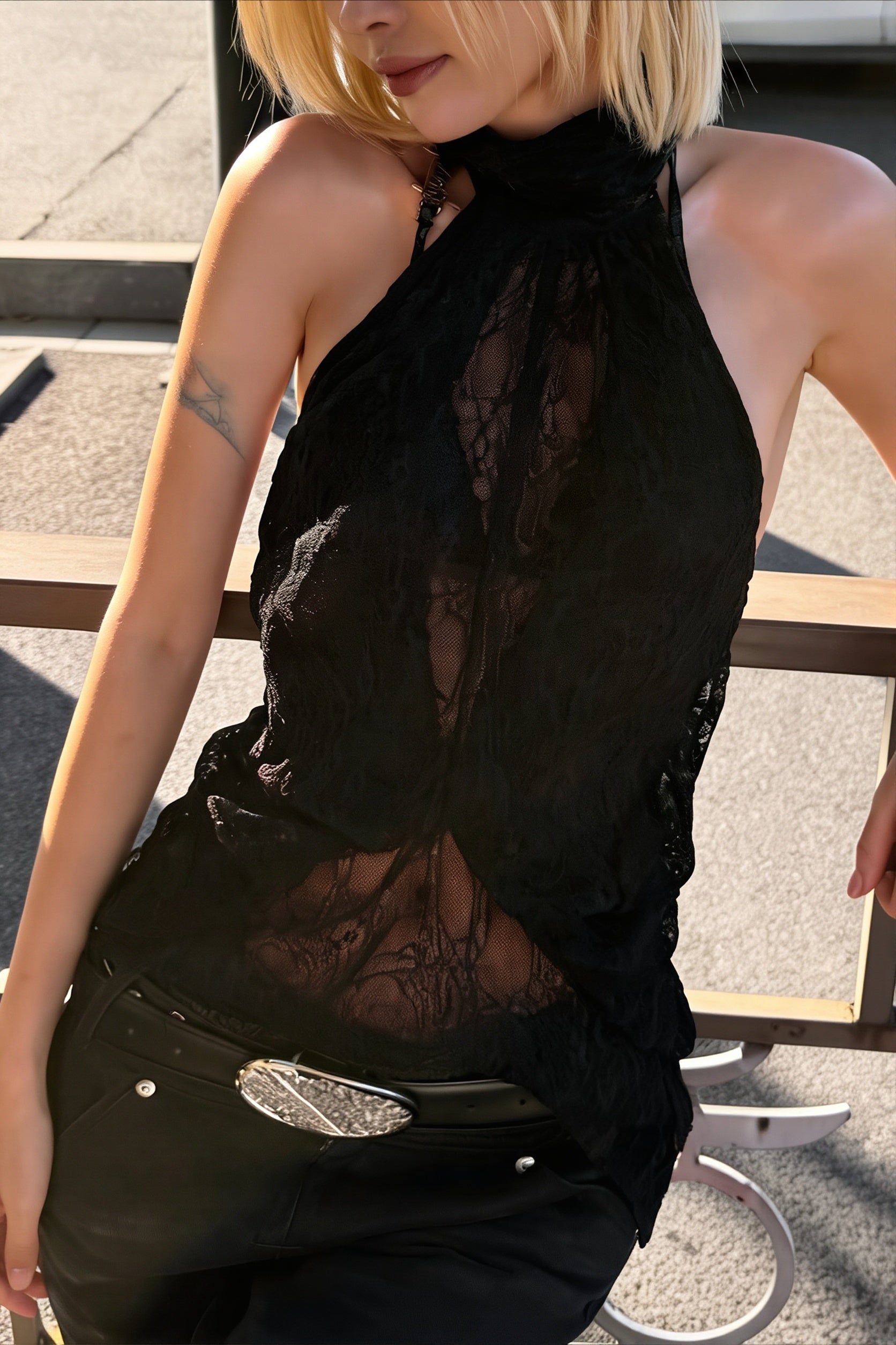 Elegant Irregular Sheer Lace Halter Top