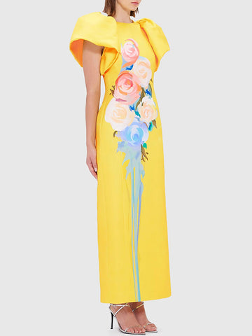 Short Sleeves Floral Printed Split-back Round-neck Maxi Dresses