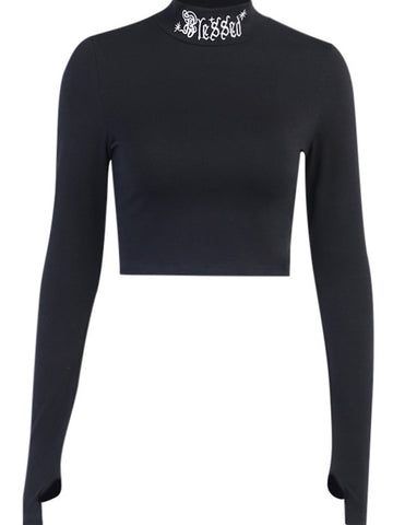 Women Black Bodycon Long Sleeve Crop Tops Gothic Harajuku Letter Embroidery Vintage Solid Tops Female Casual Basic Tops