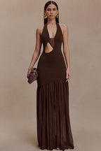 Asymmetrical Cutout Shirred Backless Fitted Maxi Dress