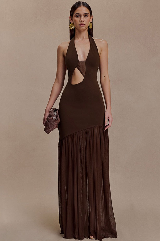 Asymmetrical Cutout Shirred Backless Fitted Maxi Dress
