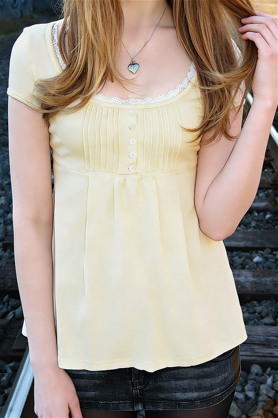 Lace Ruffle Pleated Button Blouse