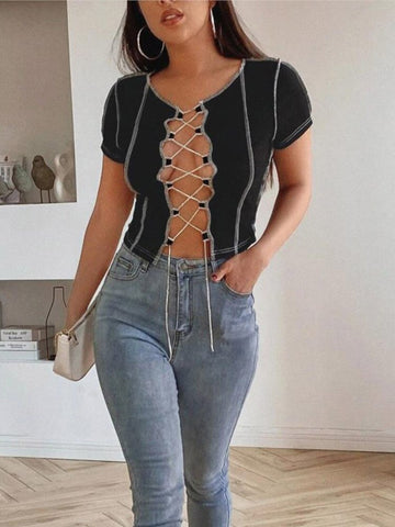 vintage Patchwork Broken Design Mesh Crop Top For Women Street Bandage Wear Tees Punk Style Long Sleeve T-shirt Female clothes