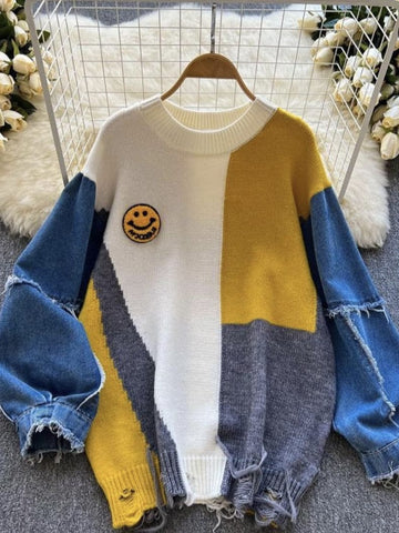 Denim Patchwork Long Sleeve Sweater