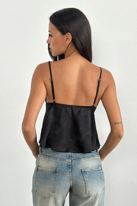Minimal Deep V Solid Floral Jacquard Cami Top