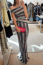 Knit Printed Off Shoulder Bodycon Maxi Dress