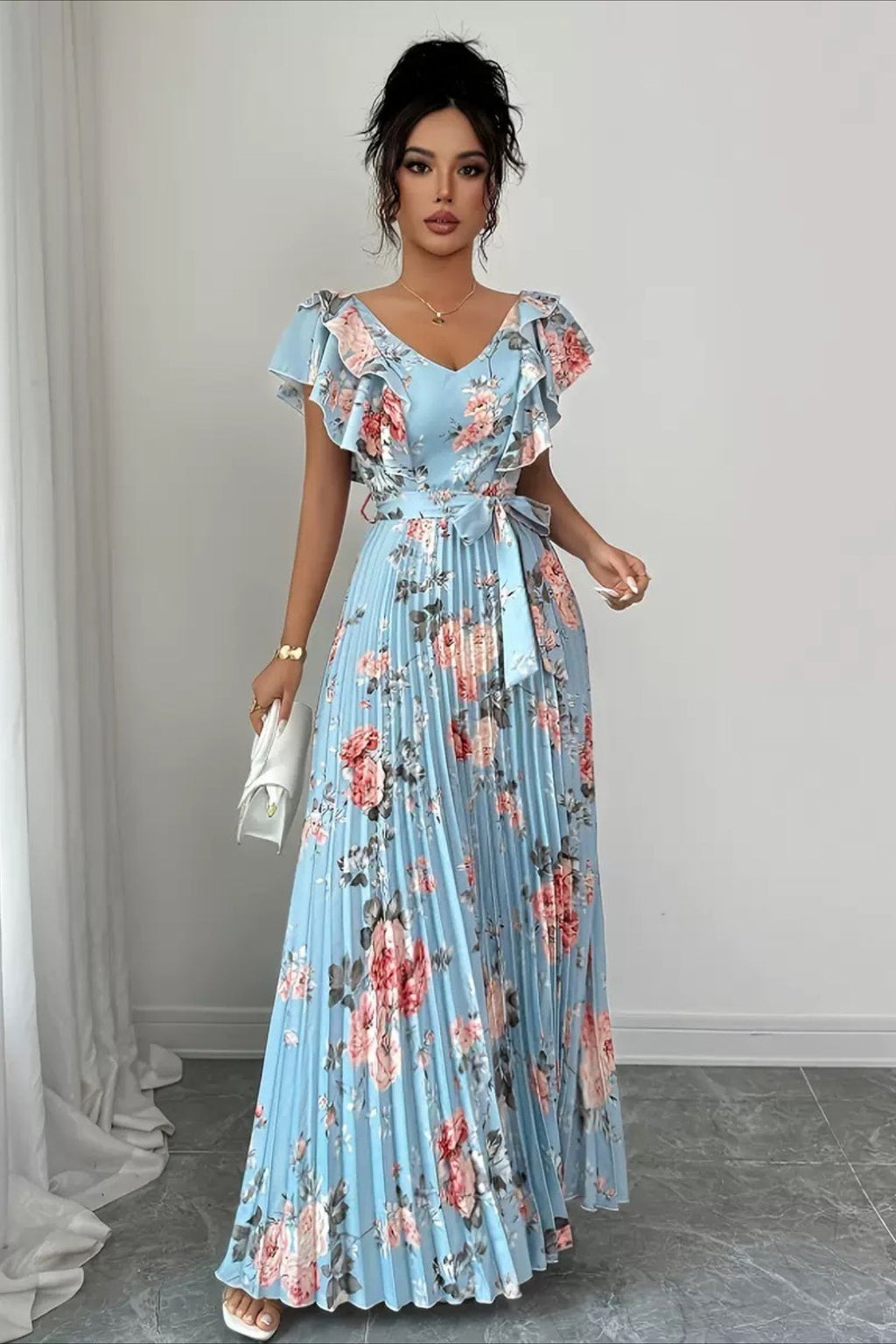 Floral Print Ruffle Sleeve V Neck Pleated Elegant Maxi Dress