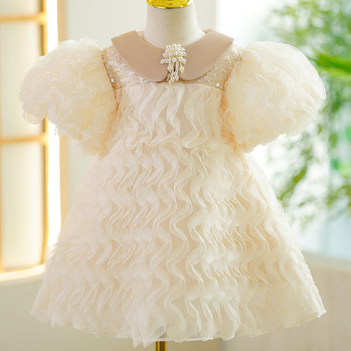 Vestido de princesa para comunión con mangas abullonadas y cuello de muñeca para fiesta de boda de niña 