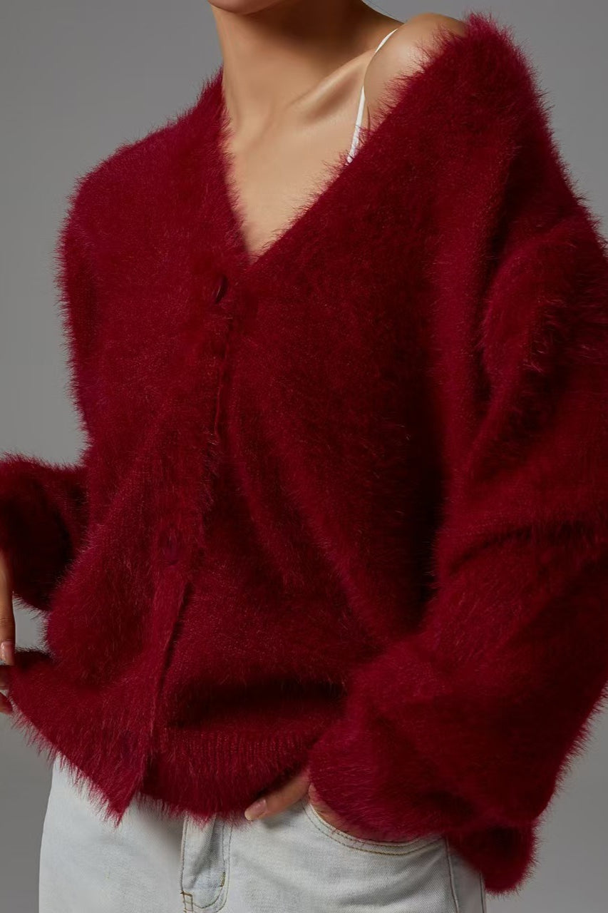 Faux Fur Blend V-Neck Cardigan