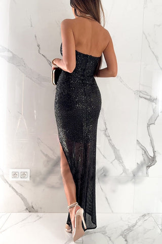 Star of The Night – Schulterfreies Maxikleid mit Pailletten, Rüschen und Schlitz 