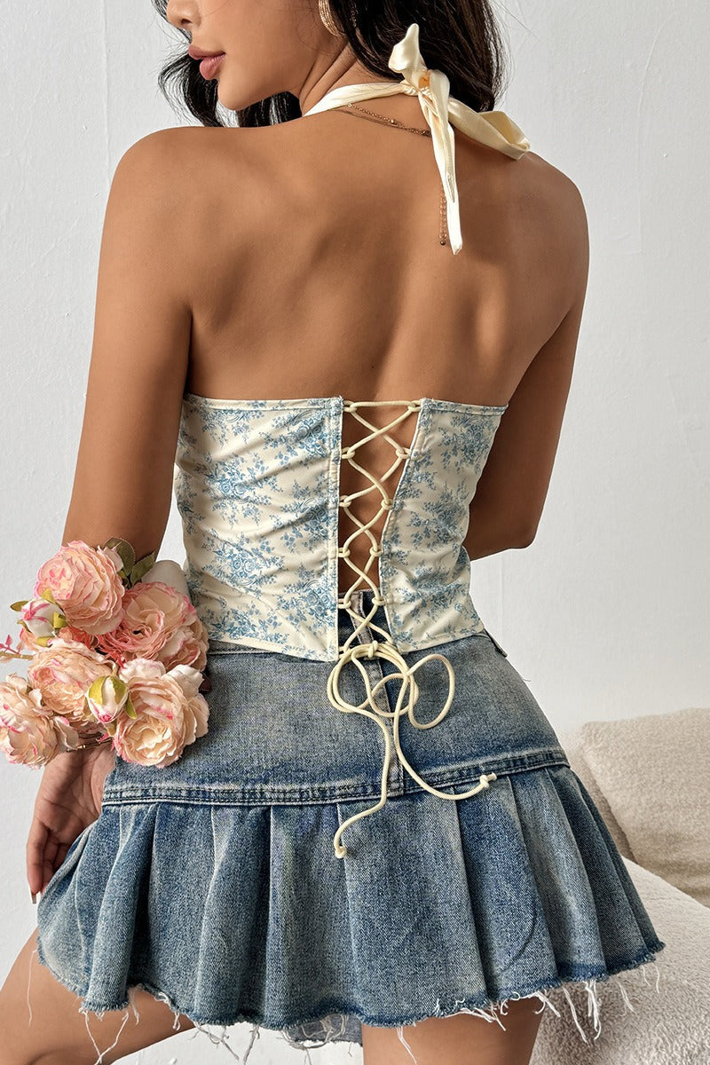 Sexy Ruffle Print Halter Bustier  Halter Top