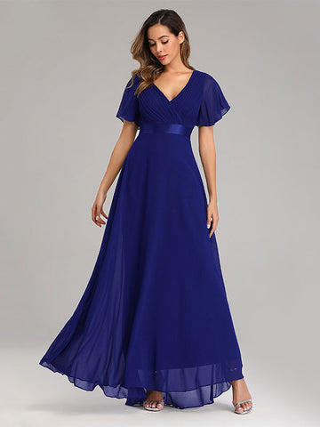 Chiffon-Ballkleider V-Ausschnitt Kurze Ärmel Halbformelles Maxikleid 
