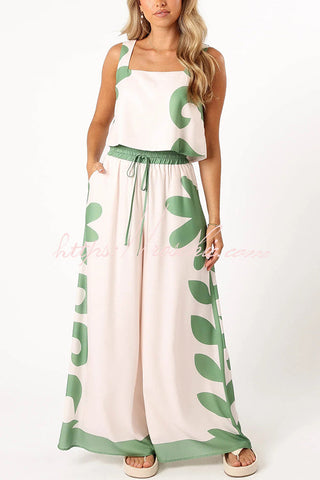 Conjunto de camiseta sin mangas con estampado elegante y pantalones anchos con cintura elástica y bolsillo 