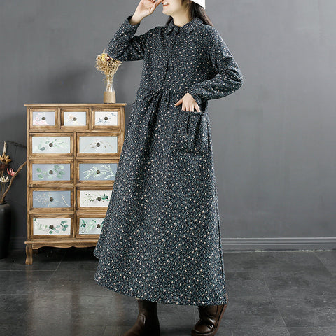 Vestido retro de invierno de lino y algodón con estampado floral 