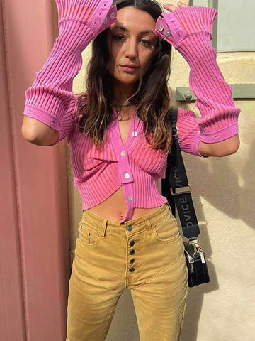 Taruxy Pink Single Breasted Sweater Women Knitted Cardigan 2022 Autumn Long Sleeve Slim High Street Pullvers Mujer Y2K Tops