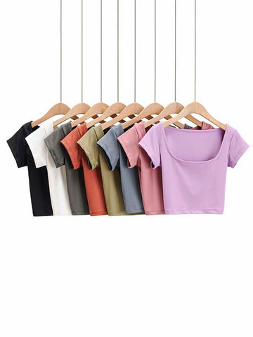 Women Petite Cap Sleeve Square Neck Crop T-shirt