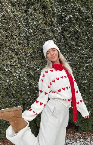 Suéter de punto con rayas de corazón rojo Lovey 