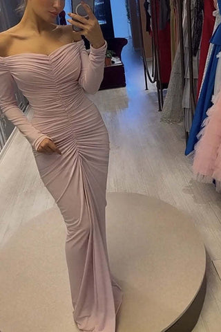 Elegant Beauty gerüschtes, schulterfreies, langärmliges, drapiertes Maxikleid 