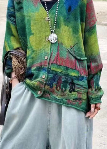 Cárdigan de punto con bolsillos y estampado de cuello en V verde bohemio de manga larga 