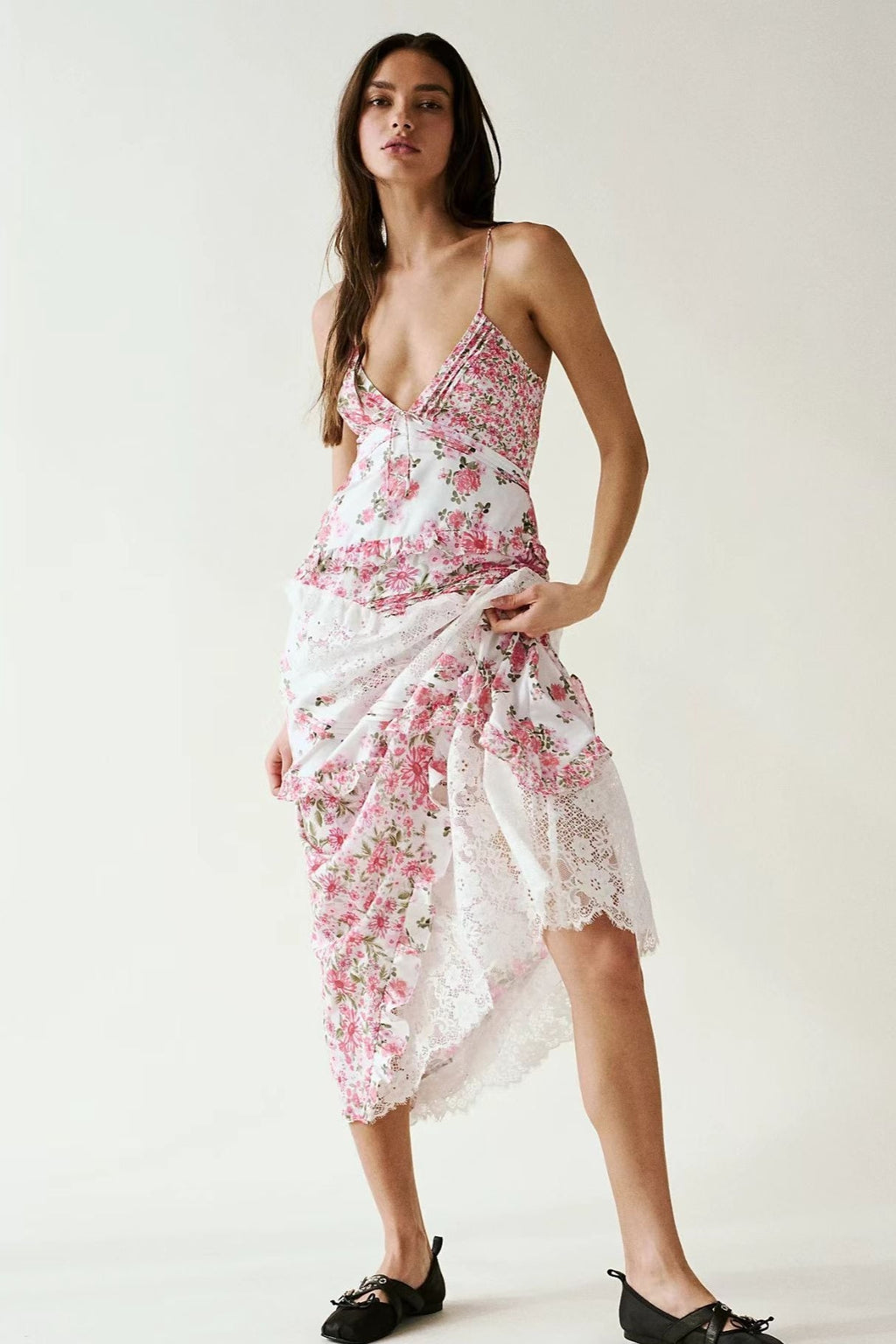 Deep V Ruffle Floral Lace Patchwork Cami Maxi Dress