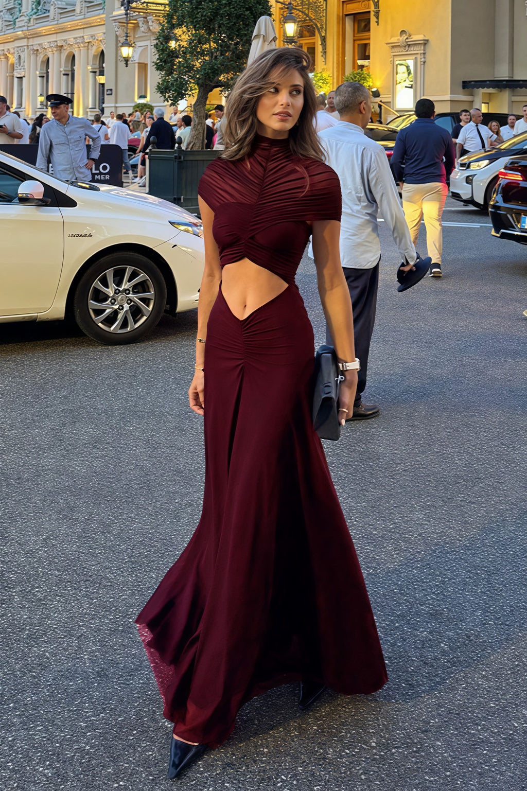 Open Back Cut Out Crop Top Flared Maxi Dress