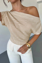 Chic Cold Shoulder Stripe Short Sleeve Knit Blouse
