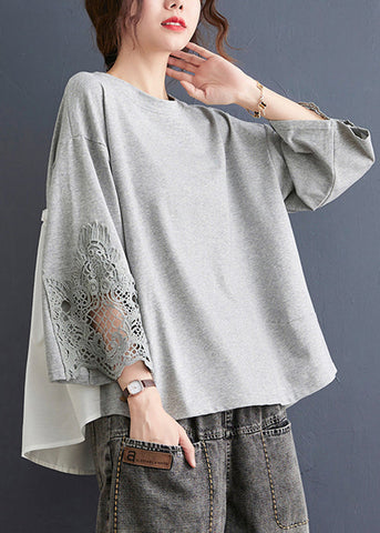 Frauen Grau Rüschen Spitze Patchwork Baumwolle Tops Frühling 