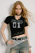 Lace Patchwork Cropped Slim T-shirt