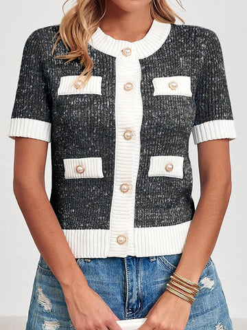 Short Sleeves Buttoned Pockets Split-Joint Round-neck Cardigan Tops