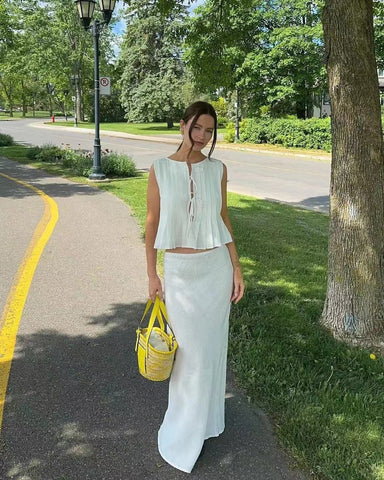 Conjunto de cárdigan sin mangas con cordones, falda larga y chaleco de lino y algodón 