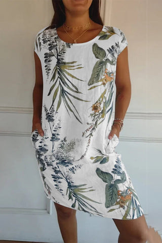 Vestido casual con estampado floral, cuello redondo y bolsillos 