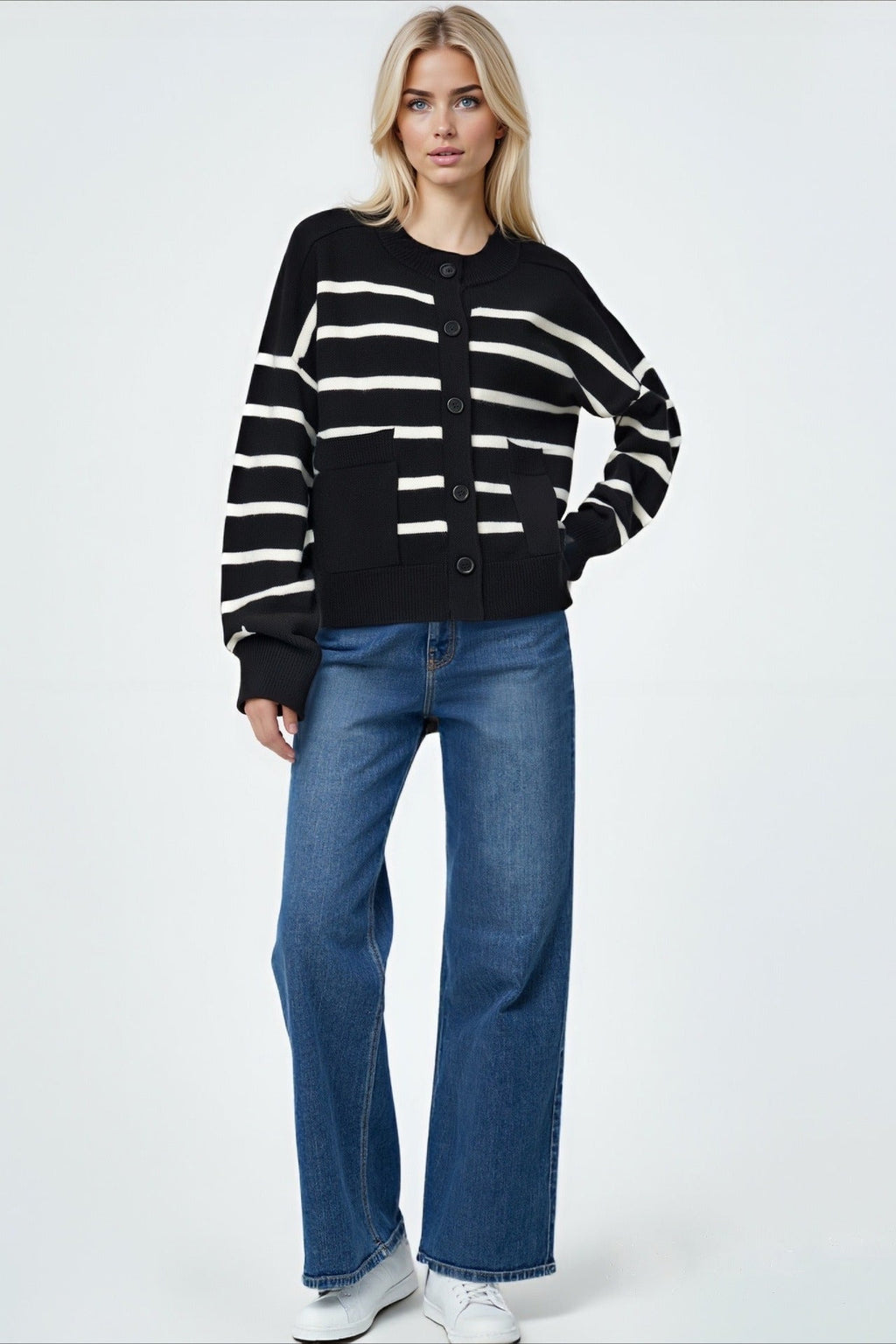 Crew Neck Striped Button Pocket Knit Cardigan