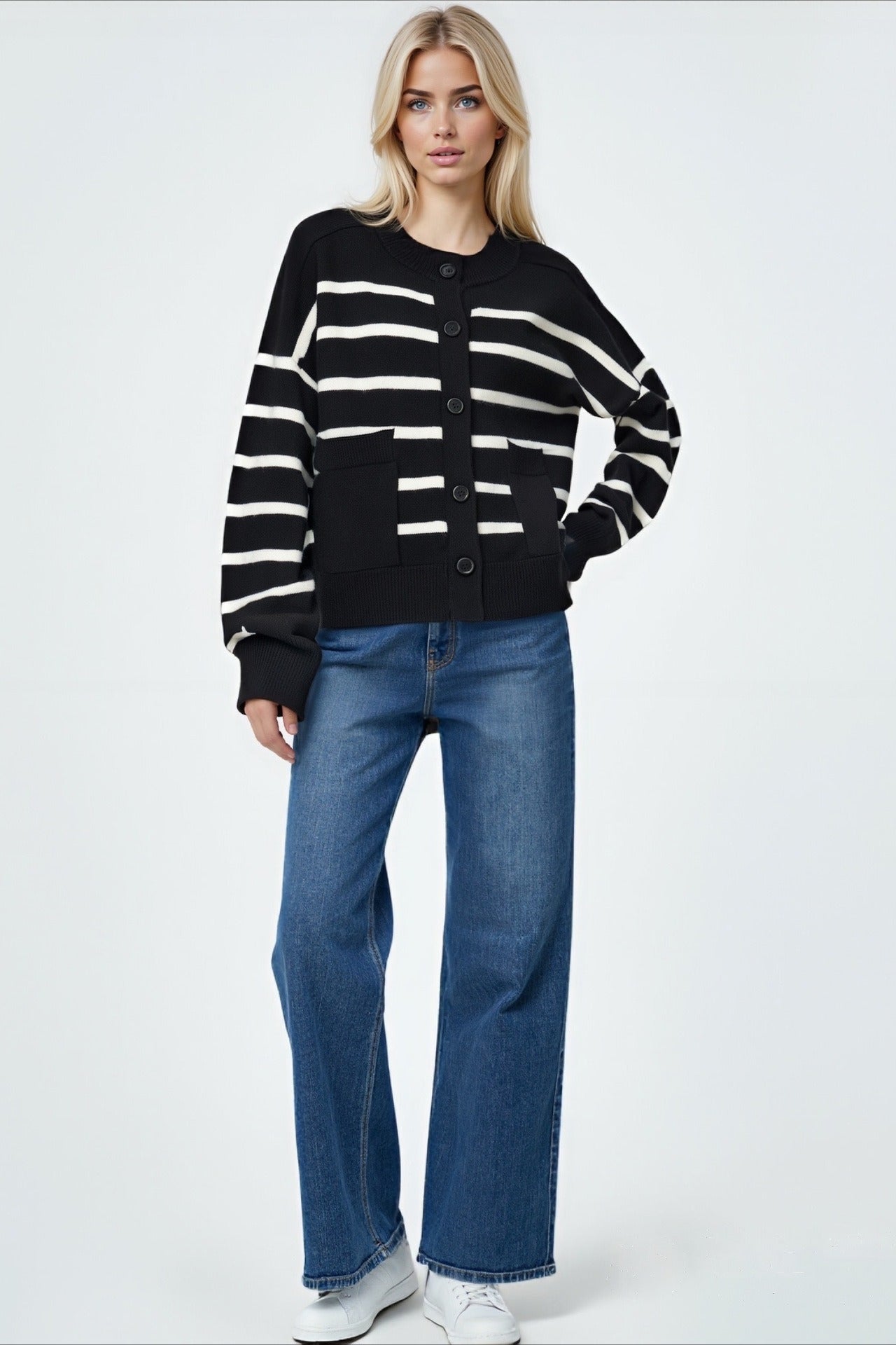 Crew Neck Striped Button Pocket Knit Cardigan