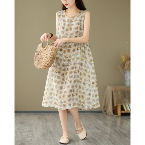 Summer Stylish Casual Sleeveless Linen Floral Dress